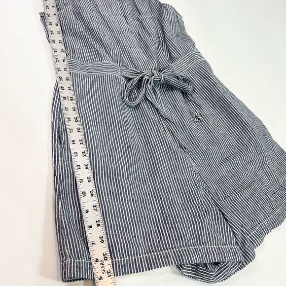 By Anthropologie Romper Womens 6 Blue Striped Linen Seersucker Front Tie Preppy - Picture 2 of 10